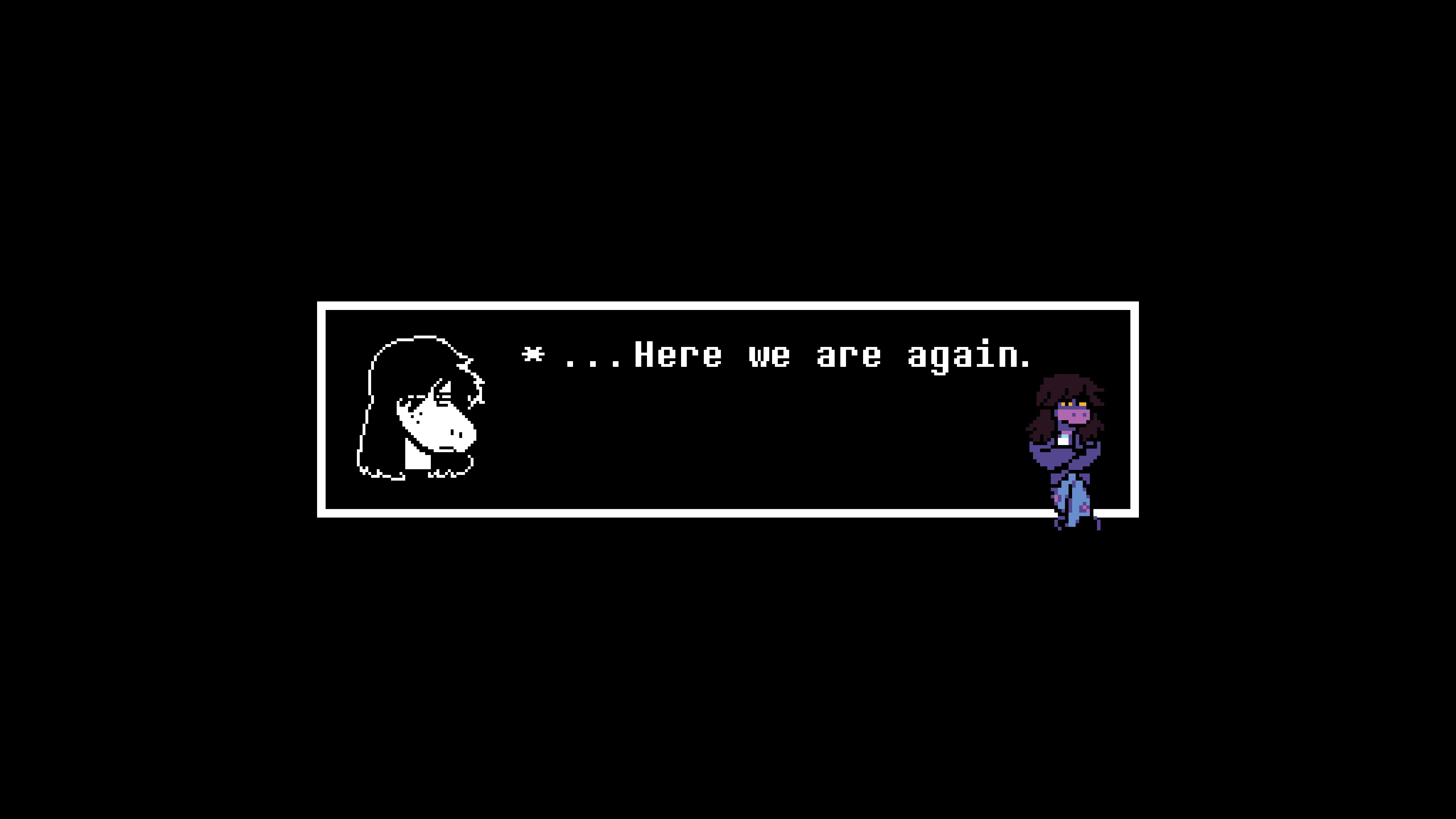 Susie standing against the textbox again, this time looking at the viewer. The text reads '....Here we are again'.